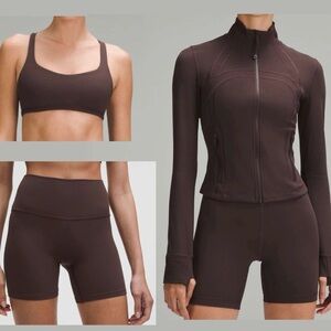 Lululemon Espresso 3 piece set define jacket , align short, free to be bra